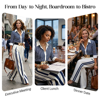 📢📢40% OFF !! ⏰Women's Striped Shirt & Wide-Leg Pants 2-Piece Set