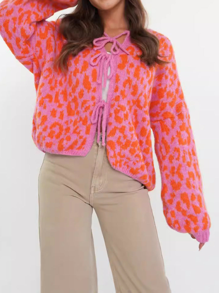 Leopard Bow-Tie Front Cropped Cardigan